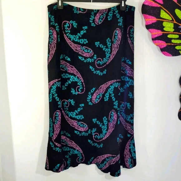 CLEARANCE Vintage Notations Skirt Paisley Print Pink Aqua Ruffle Hem Stretchy XL - Picture 1 of 12